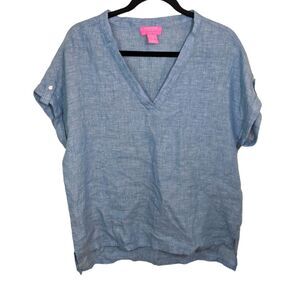 Isaac Mizrahi New York Top Blue 100% Linen V-Neck Oversized Lagenlook Small